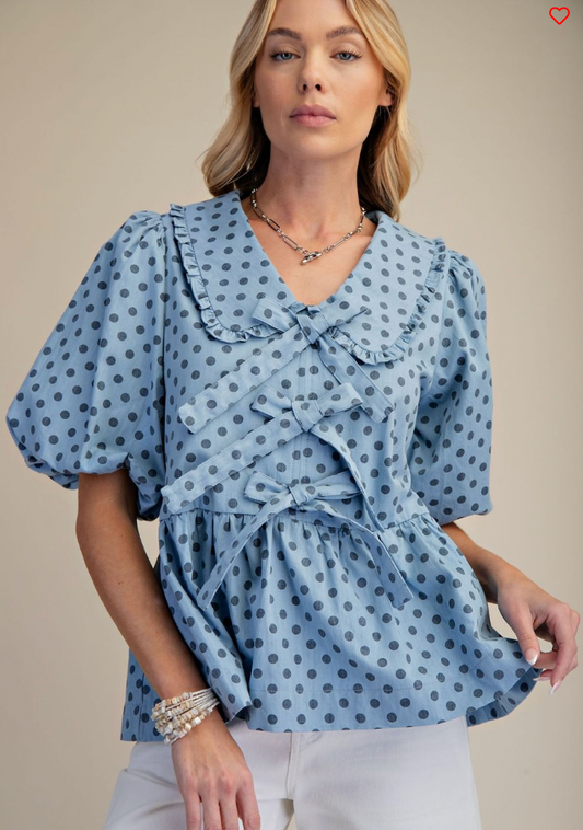 BUBBLE SLVS WASHED DENIM TOP