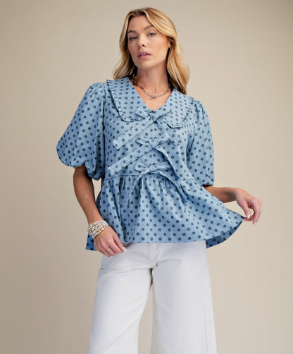 BUBBLE SLVS WASHED DENIM TOP
