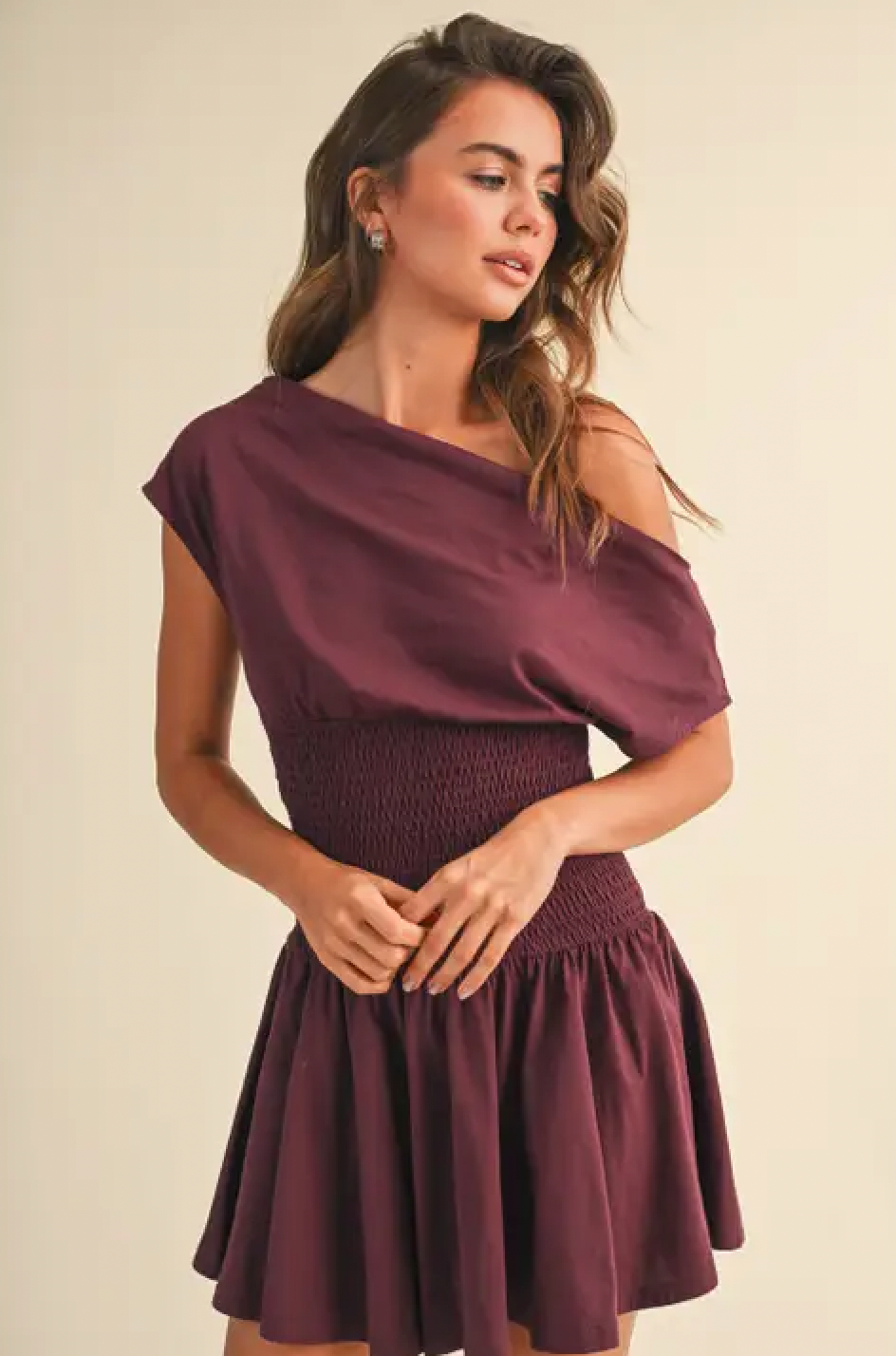 Off Shoulder Smocked Waist Mini Dress