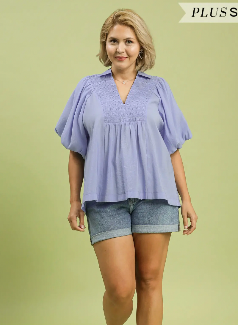 Smocked V-Neck Puff Sleeve Top