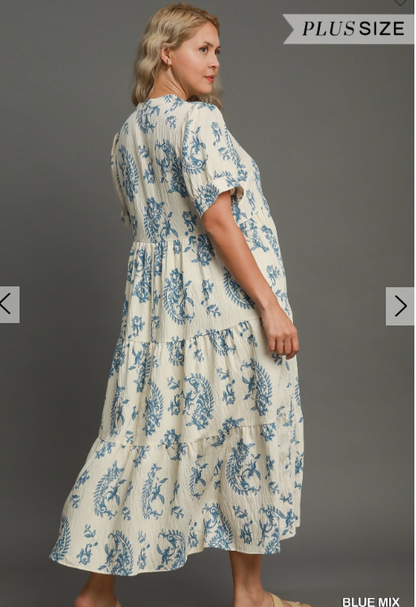 Blue Floral Tiered Print Maxi Dress
