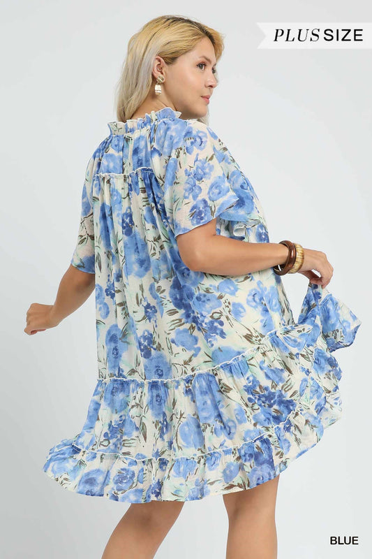 Sheer Watercolor Floral Tiered Mini Dress