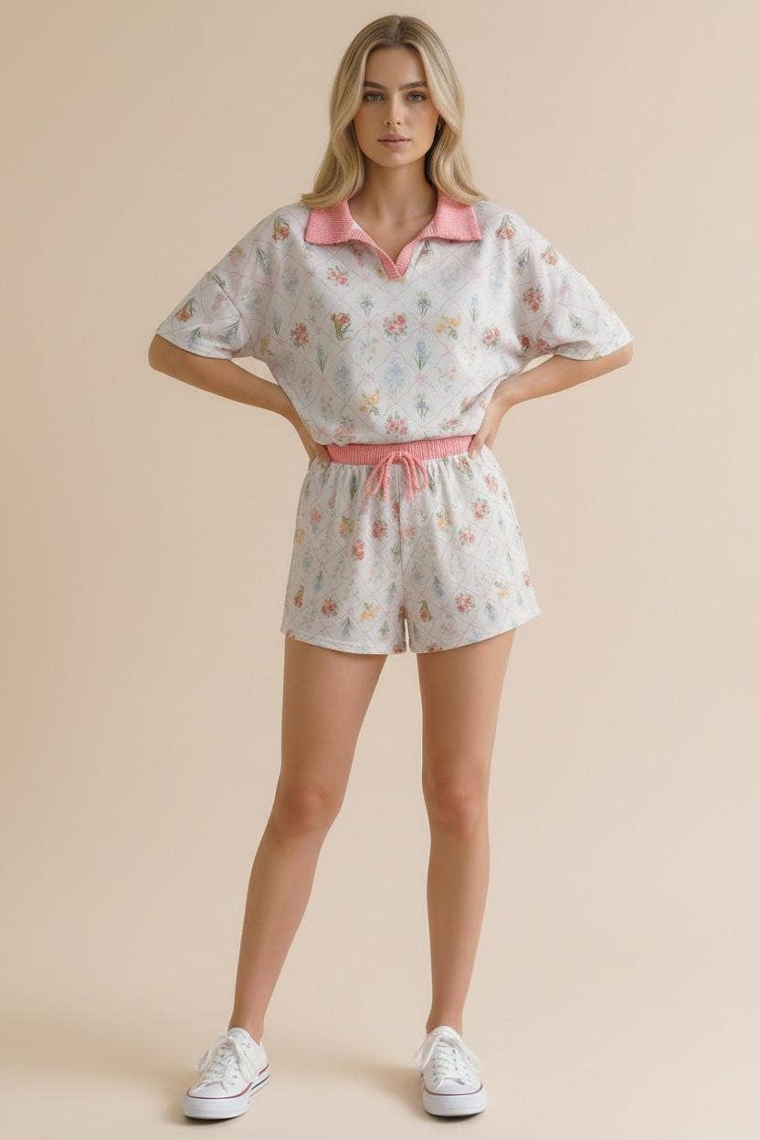 Plus Floral Print Color Block Lounge Wear Set