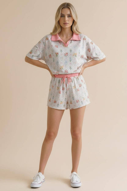 Plus Floral Print Color Block Lounge Wear Set