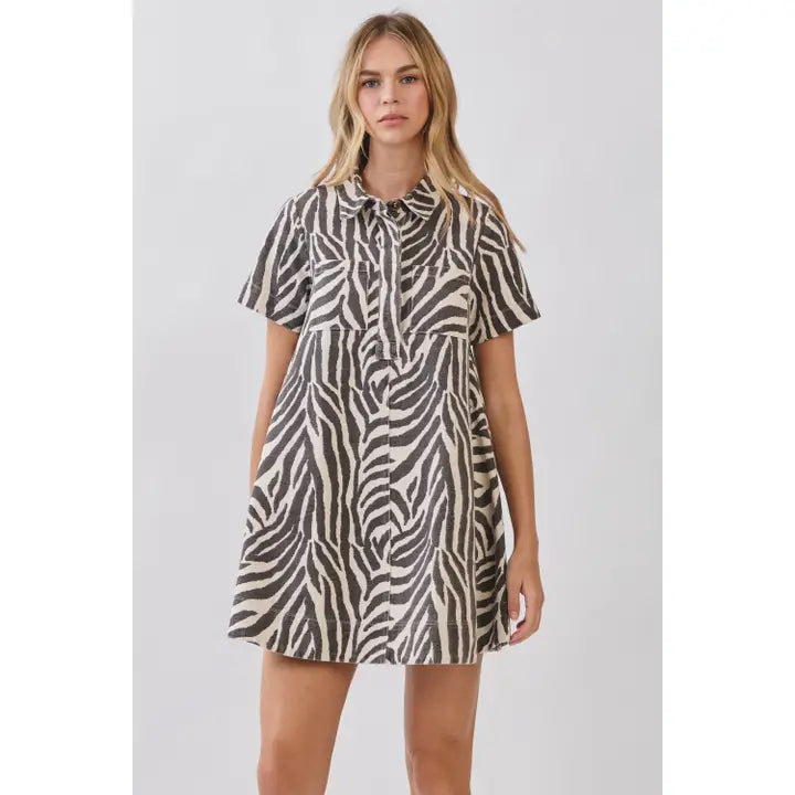 Zebra Print Button Down Collared Mini Dress