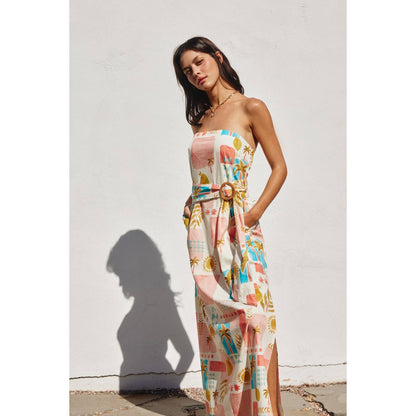 Moroccan Rattan Belt Strapless Maxi Dress