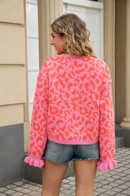 Pink Leopard Knit Cardigan with Front Tie