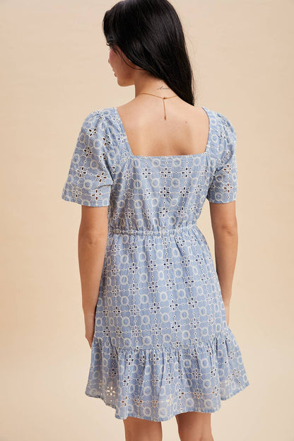EYELET EMBROIDERED SHIFT MINI DRESS