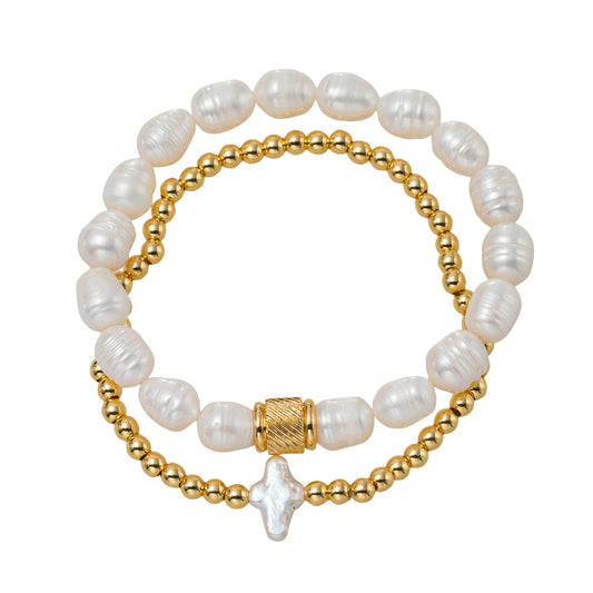 18k Gold Plated Set of 2 Pearl Bracelet with Pearl Cross