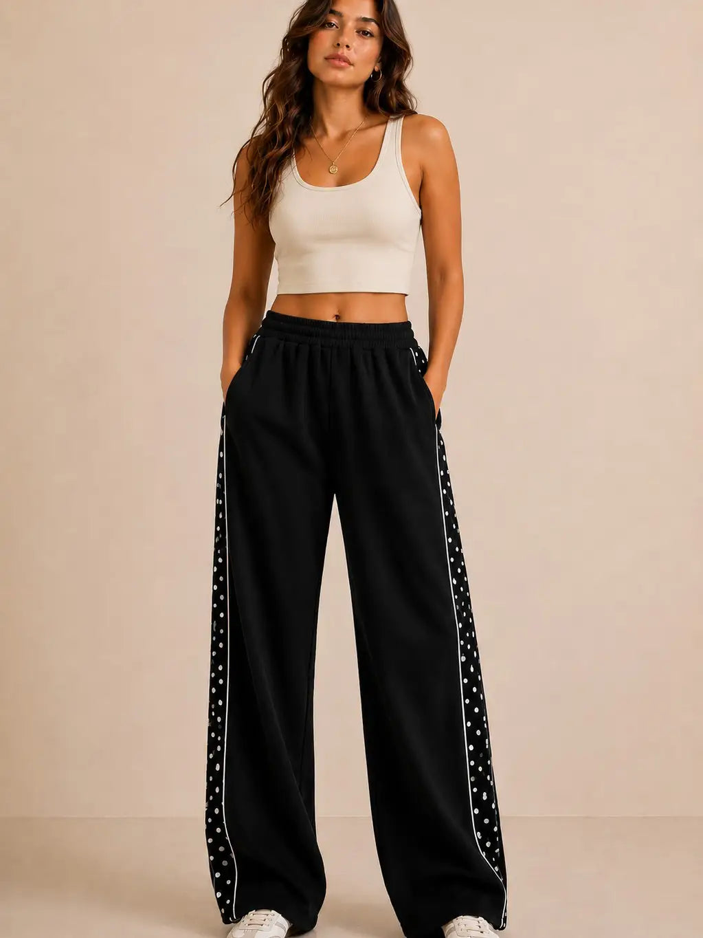 Polka Dot Side Stripe Wide Leg Sweatpants