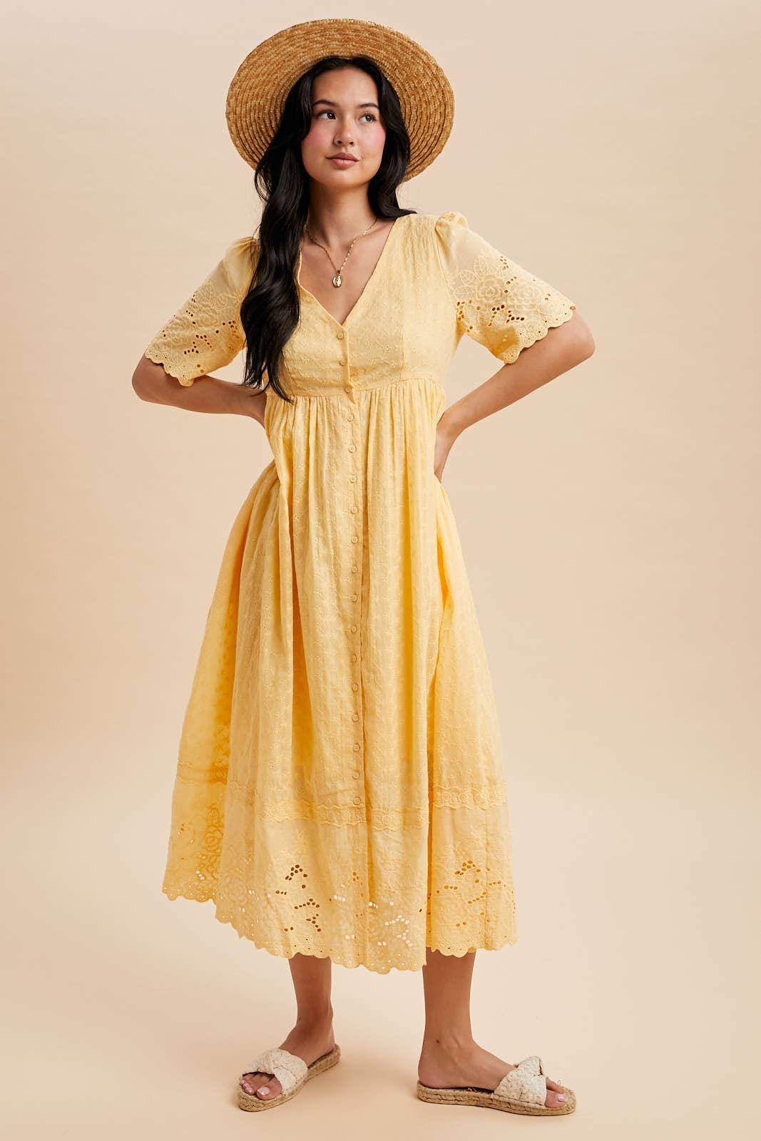 COTTON EYELET BUTTON DOWN DRESS