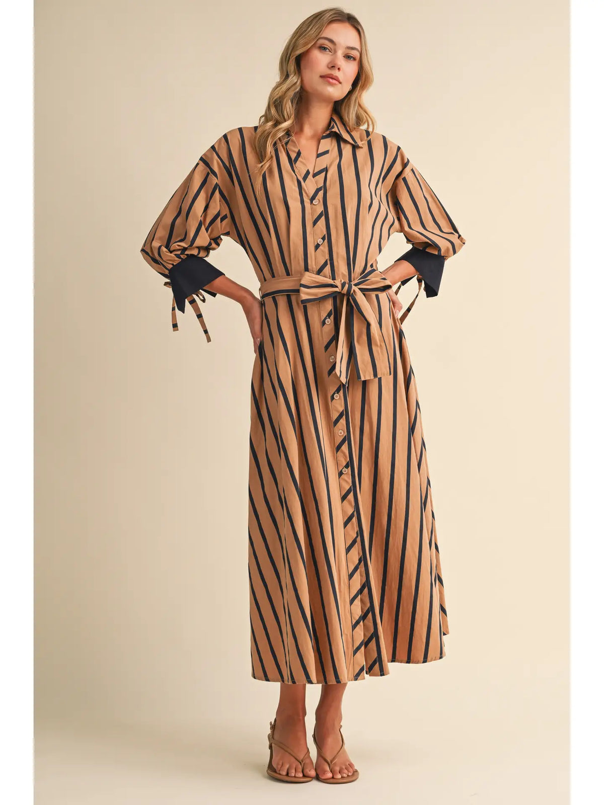 Striped Print Pintuck Detail Waist Midi Shirt Dress