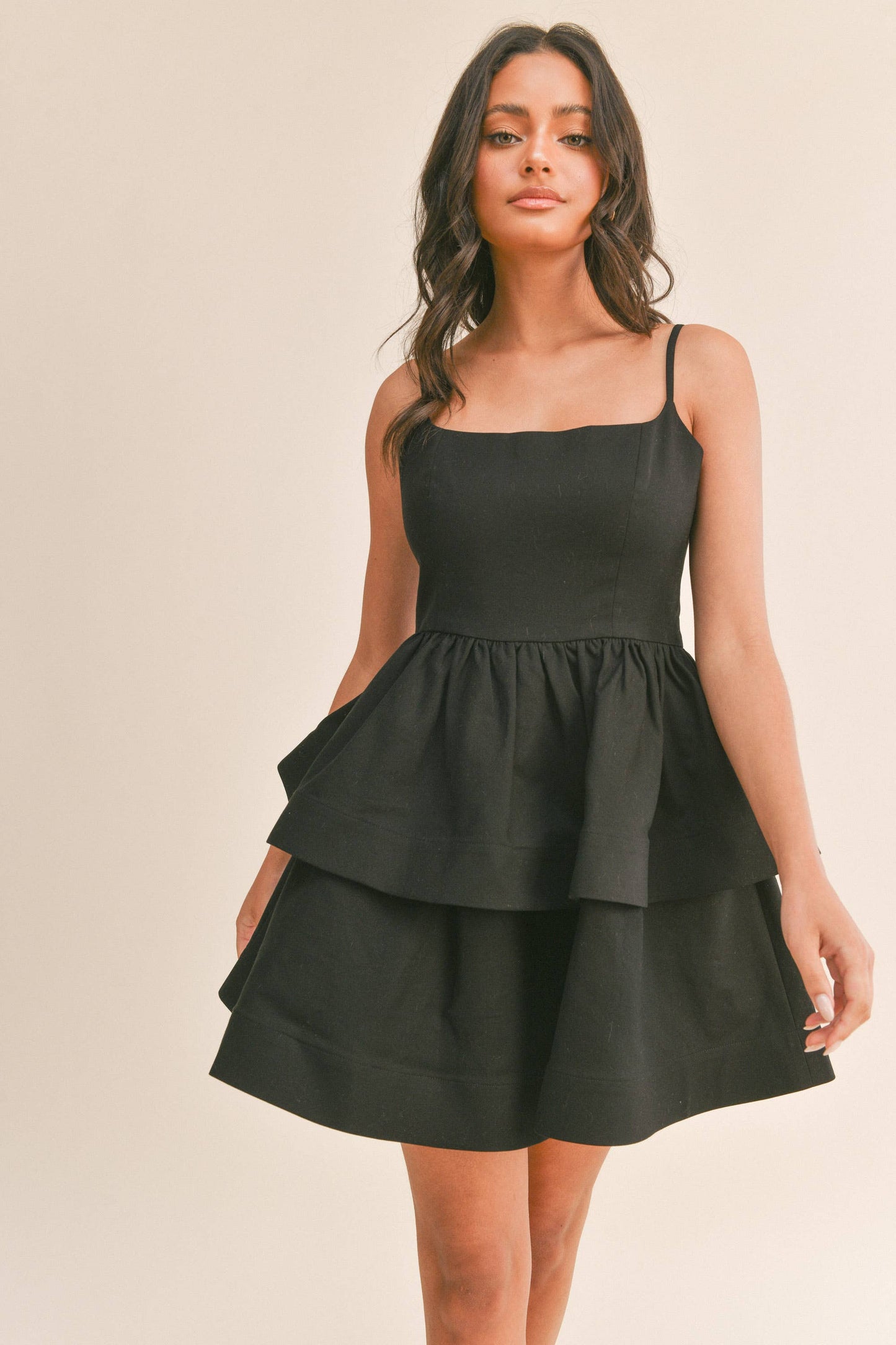 RUFFLE TIER SPAGHETTI STRAP MINI DRESS
