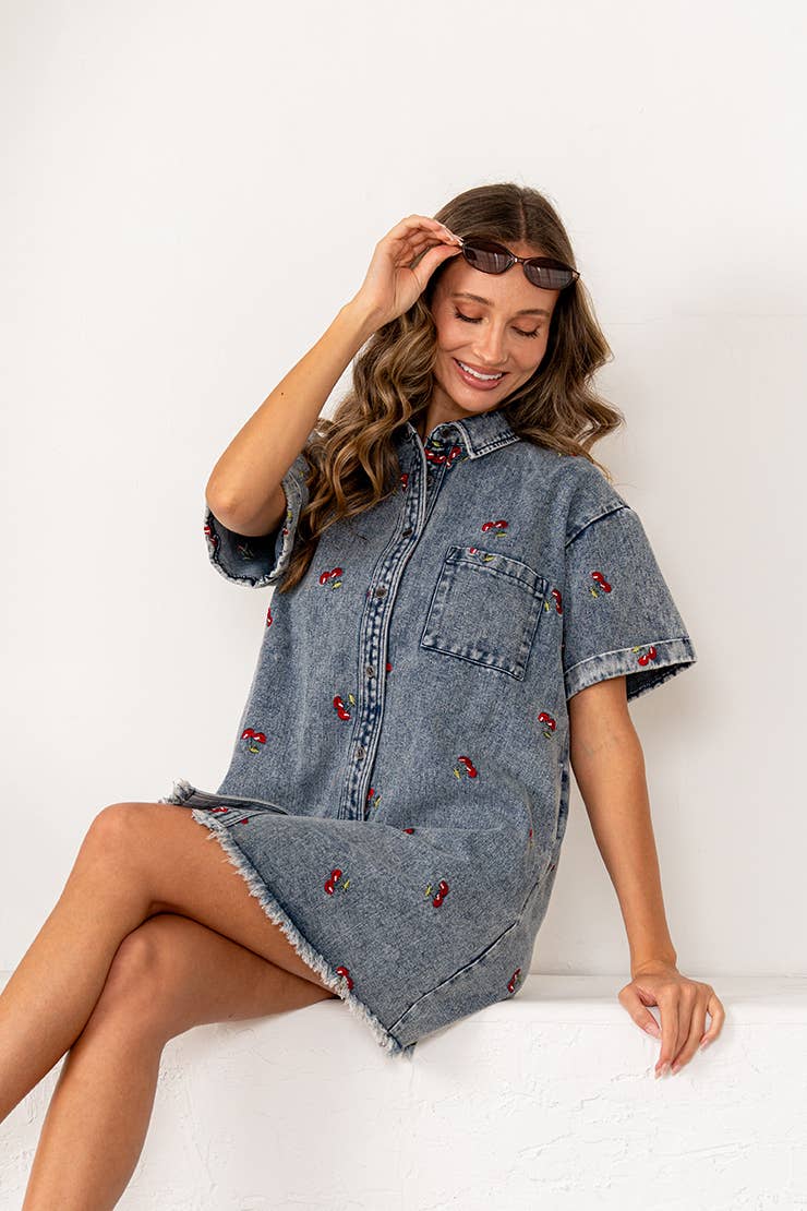 Cherry Embroidered Short Sleeves Denim Shirt Dress