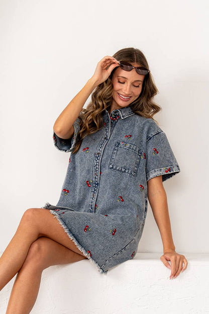 Cherry Embroidered Short Sleeves Denim Shirt Dress