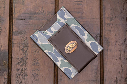Ole Miss Rebels Men's Magnetic Front Pocket Old School Camo Leather Wallet.
