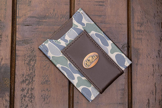 Ole Miss Rebels Men's Magnetic Front Pocket Old School Camo Leather Wallet.