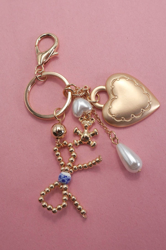 PORCELAIN BOW HEART TEDDY PEARL BAG CHARM