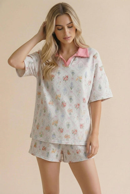 Plus Floral Print Color Block Lounge Wear Set