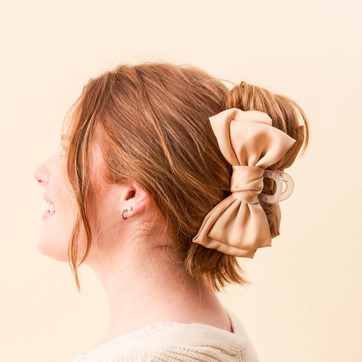 Satin Bow Claw Clip–Beige