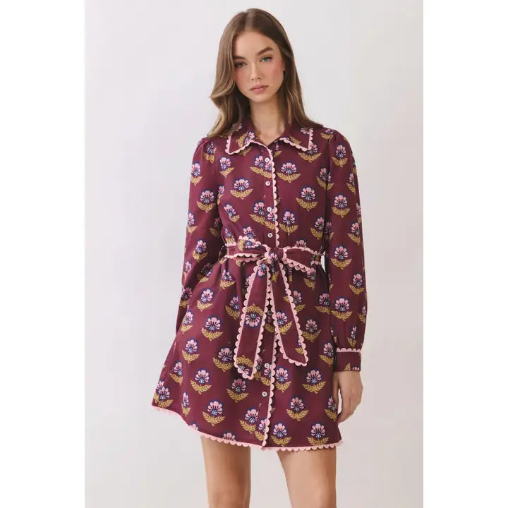 Scallop Trim Detail Printed Dress