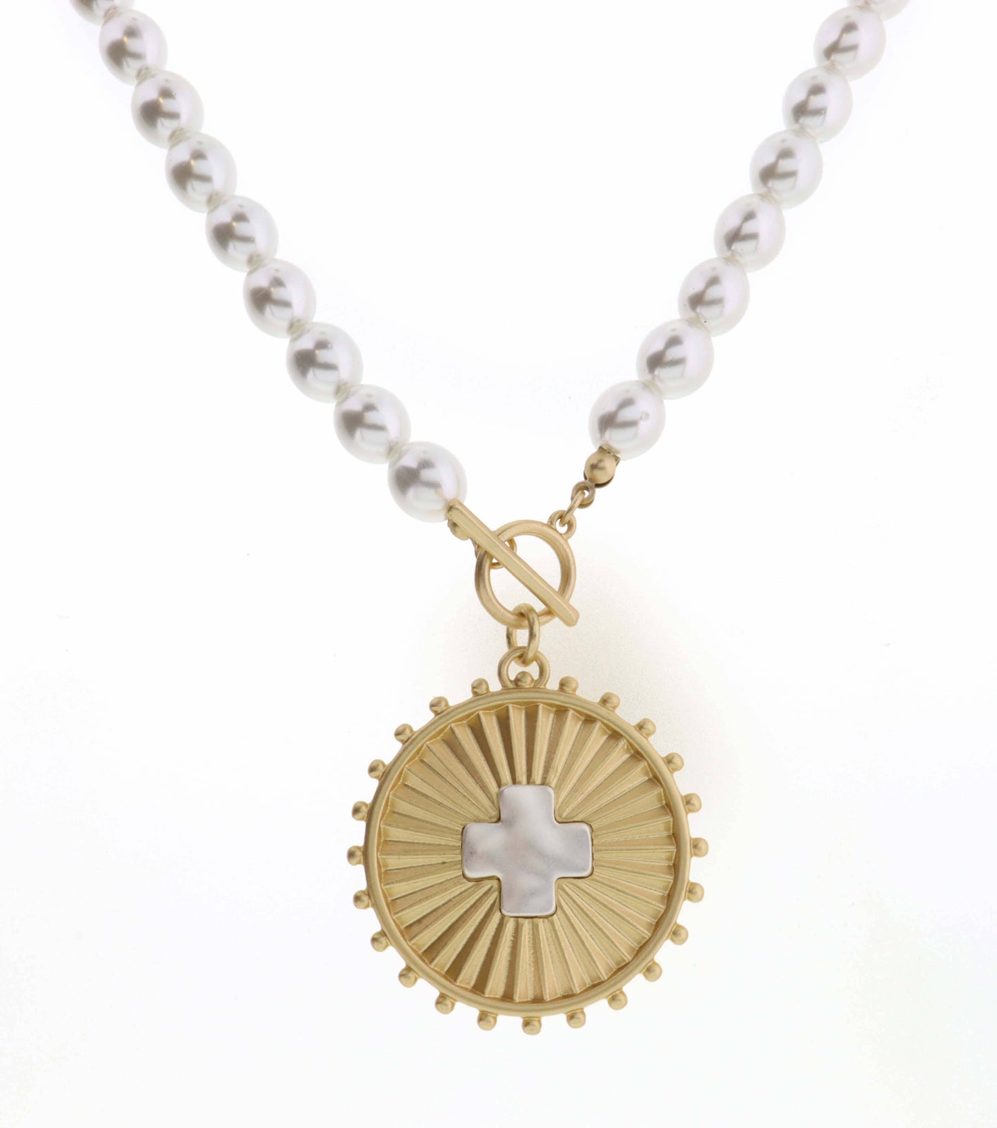 18" Textured Gold Circle with Silver Cross on Pearl Necklace