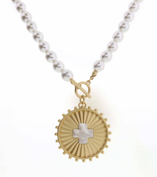18" Textured Gold Circle with Silver Cross on Pearl Necklace