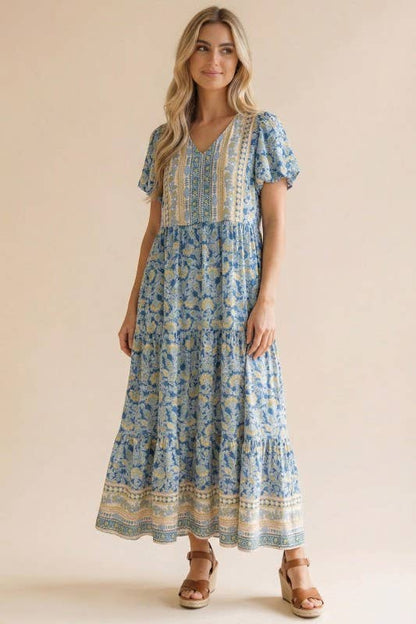 Plus V Neck Babydoll Floral Border Print Maxi