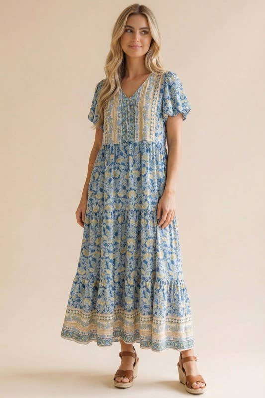Plus V Neck Babydoll Floral Border Print Maxi