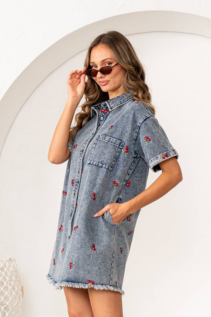 Cherry Embroidered Short Sleeves Denim Shirt Dress