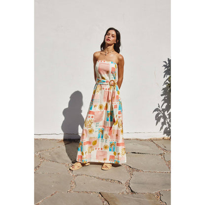 Moroccan Rattan Belt Strapless Maxi Dress