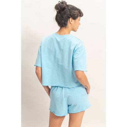Short Sleeve Crew Neck Top And Shorts Set: BLUE
