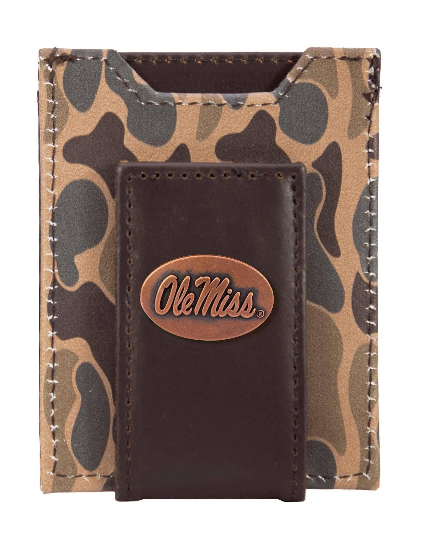 Ole Miss Rebels Men's Magnetic Front Pocket Old School Camo Leather Wallet.