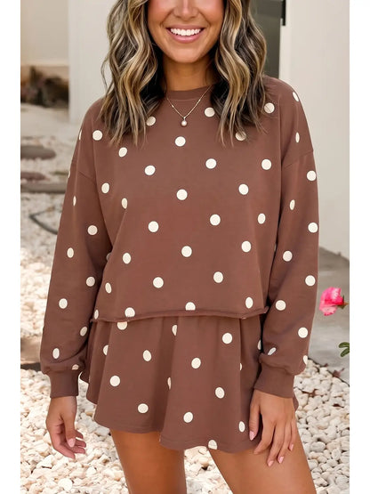Polka Dot High Waist Long Sleeve Top and Skort Set