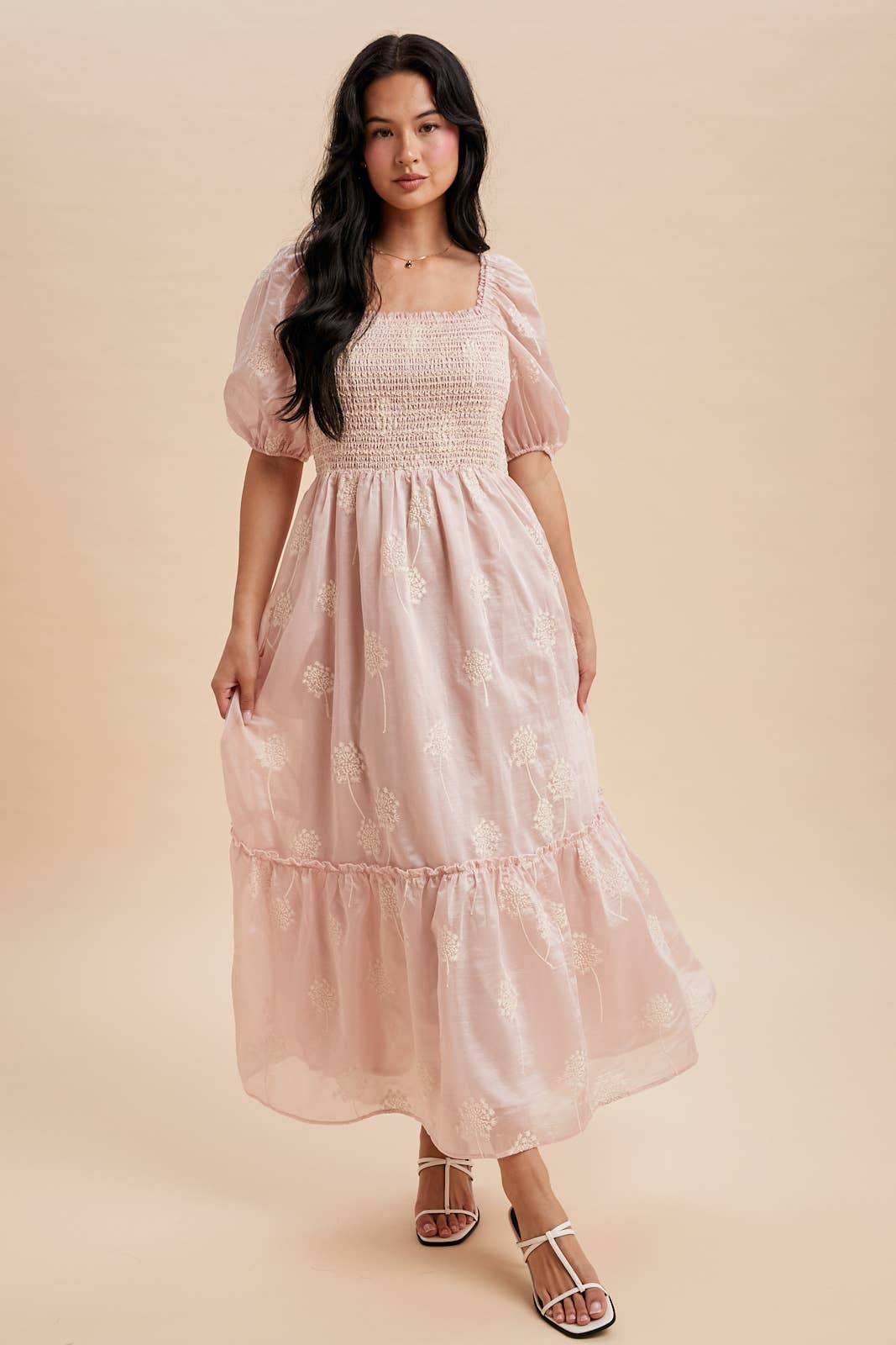 EMBROIDERED SMOCKED MAXI DRESS