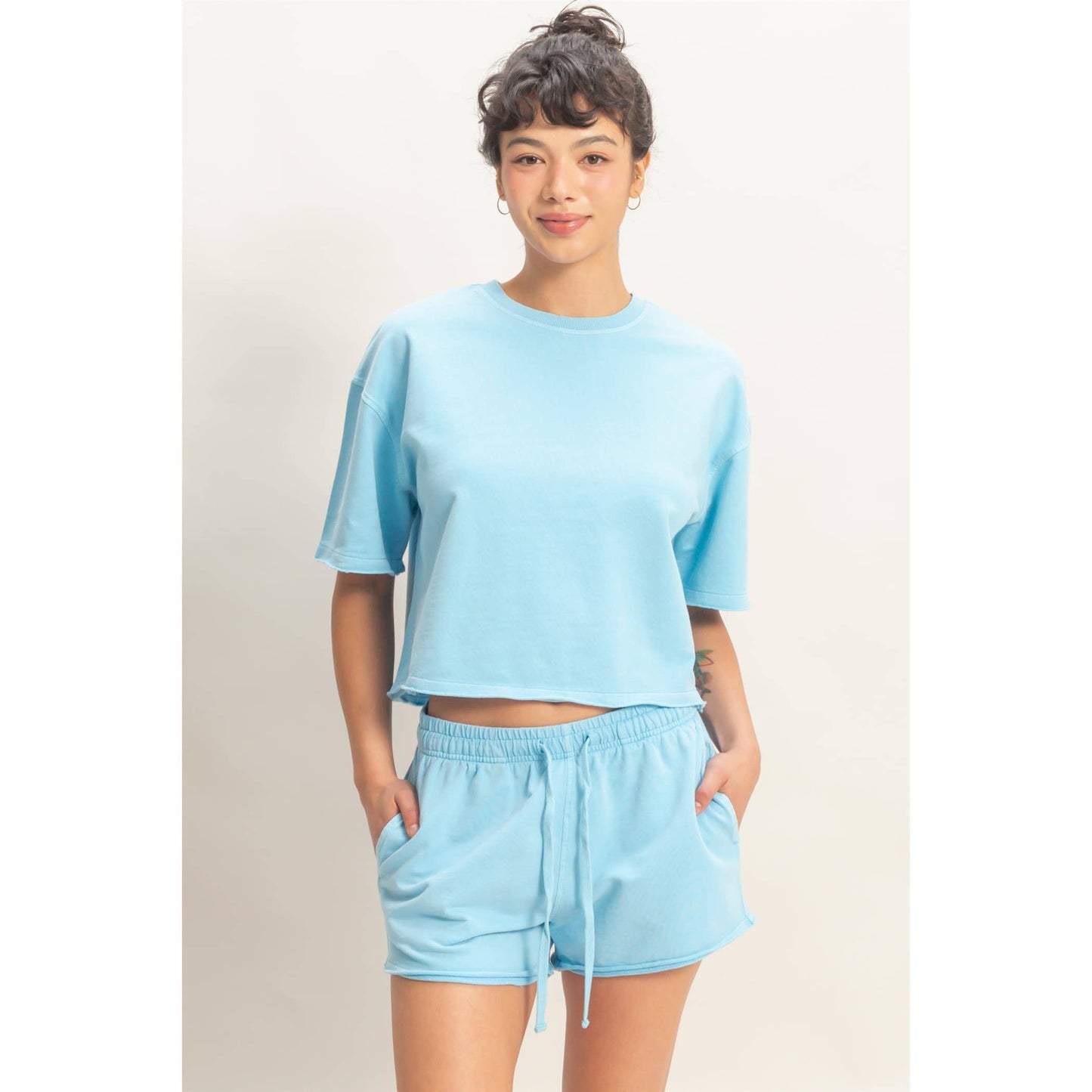 Short Sleeve Crew Neck Top And Shorts Set: BLUE