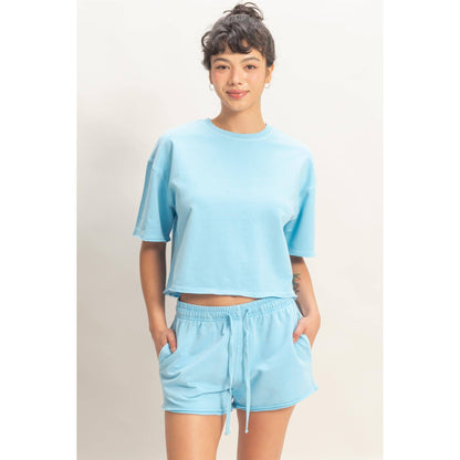 Short Sleeve Crew Neck Top And Shorts Set: BLUE