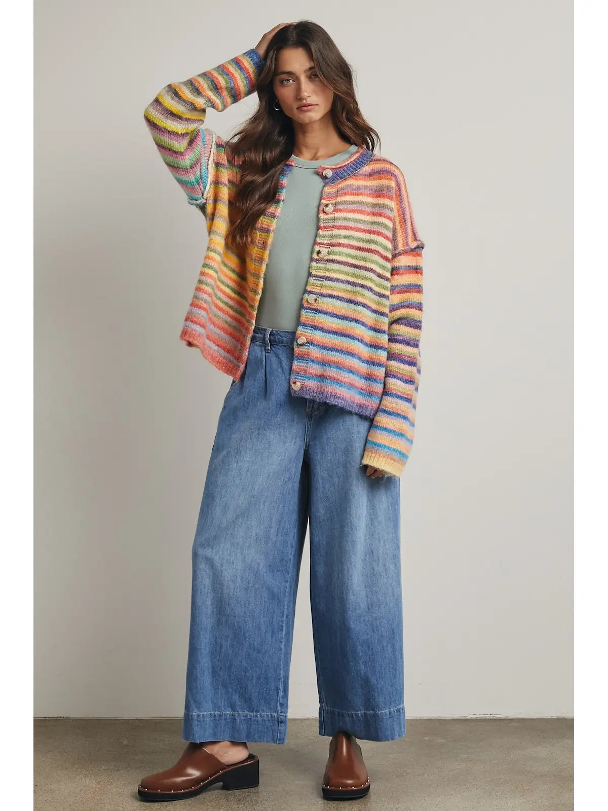Rainbow Button-Up Knit Sweater Cardigan