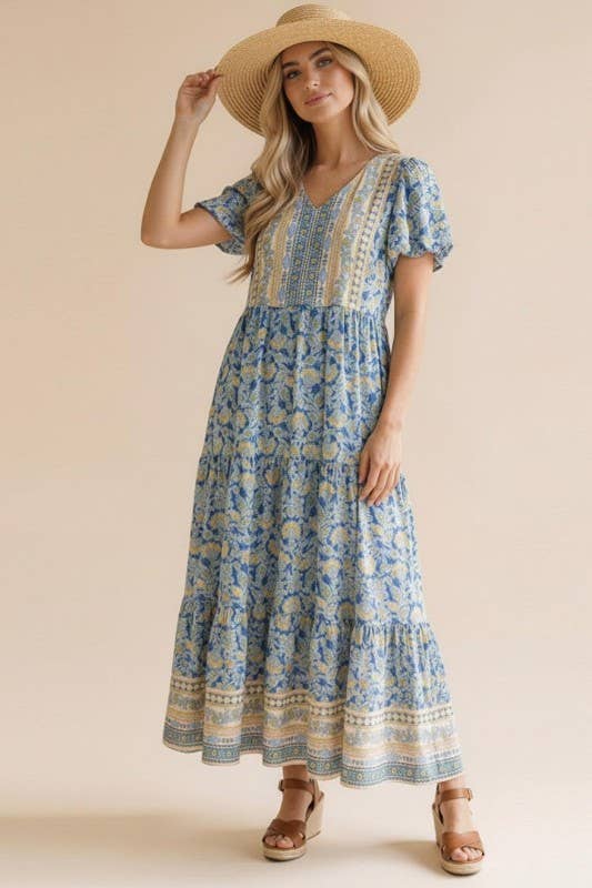Plus V Neck Babydoll Floral Border Print Maxi