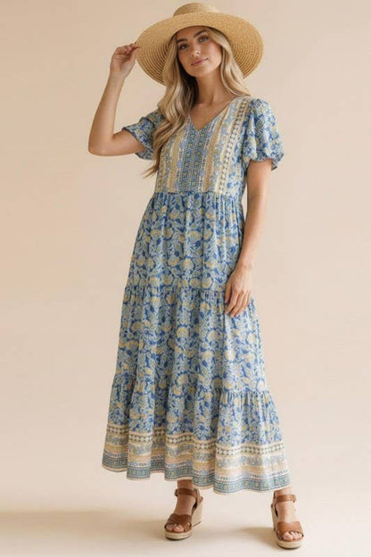 Plus V Neck Babydoll Floral Border Print Maxi