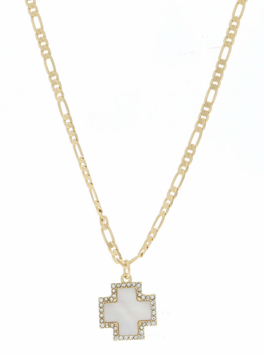 White Shell Square Cross with Crystals Necklace