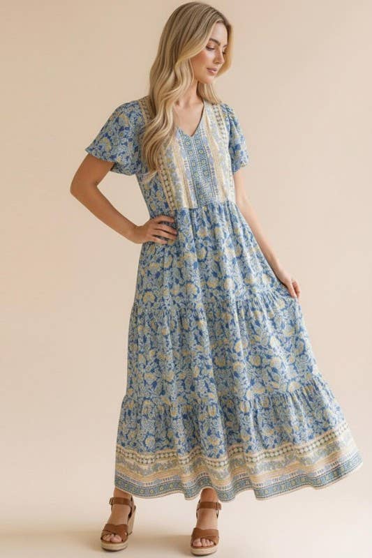 Plus V Neck Babydoll Floral Border Print Maxi
