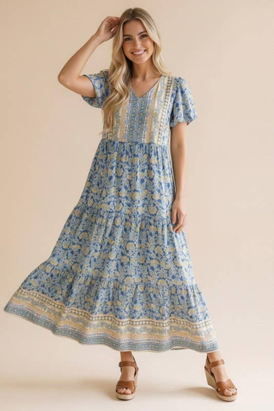 Plus V Neck Babydoll Floral Border Print Maxi