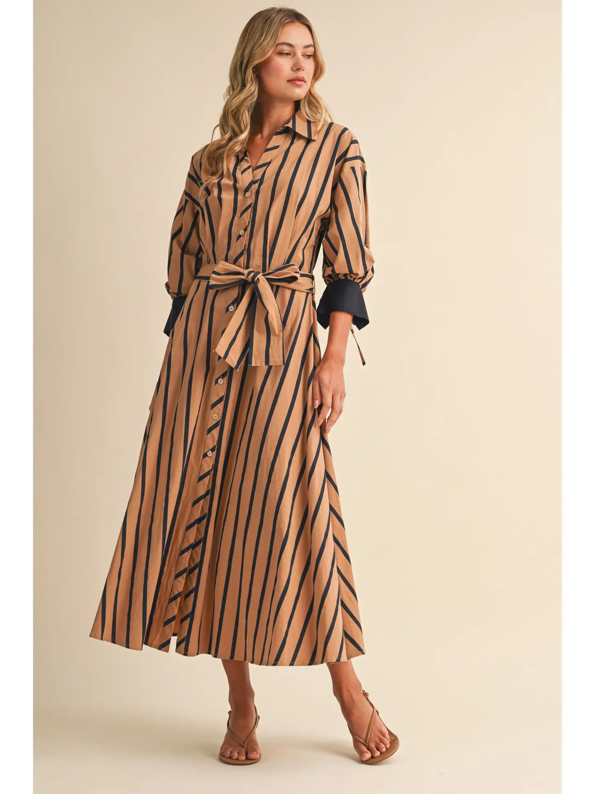 Striped Print Pintuck Detail Waist Midi Shirt Dress