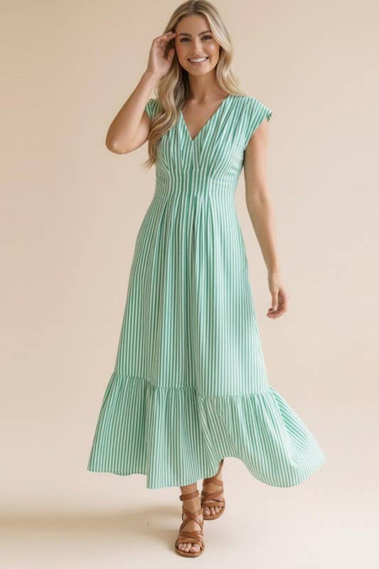 Pleated Back Smocked Waist Stripe Woven Maxi Dress