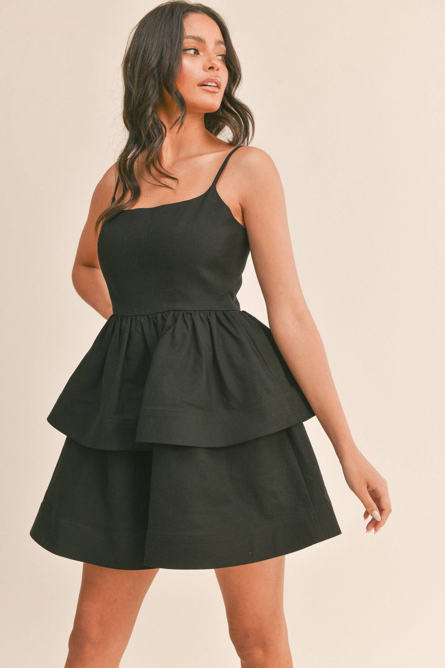 RUFFLE TIER SPAGHETTI STRAP MINI DRESS