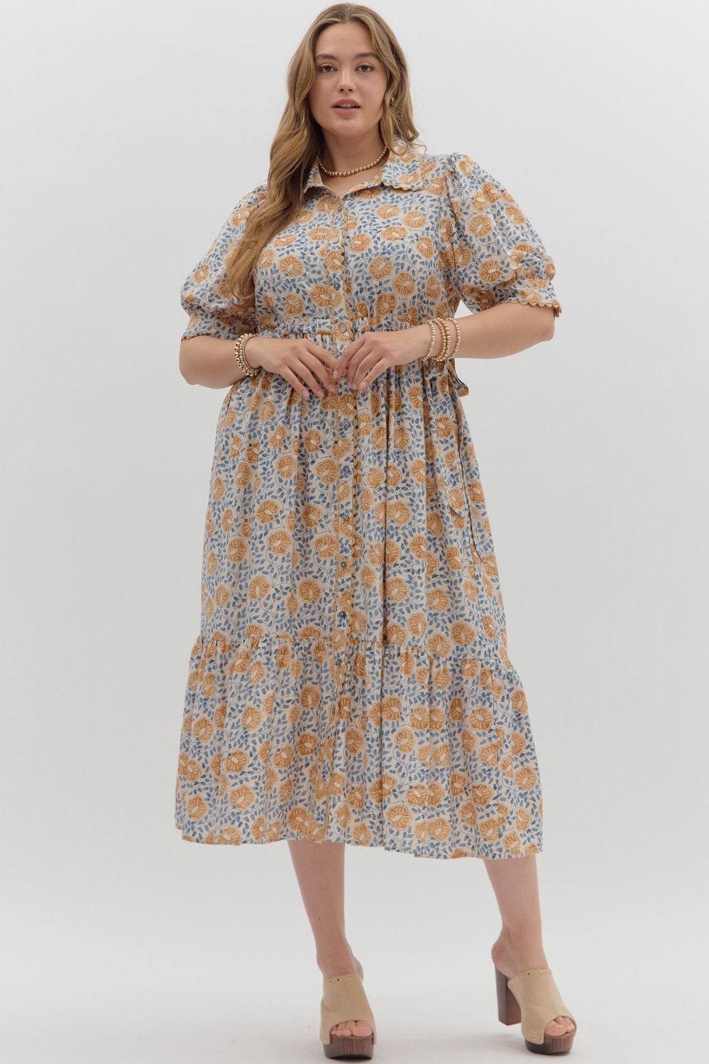 Floral Button Closure Midi Dress