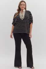 Striped Collared Dolman Top-Black
