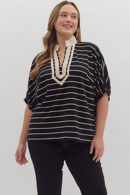 Striped Collared Dolman Top-Black