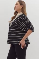 Striped Collared Dolman Top-Black